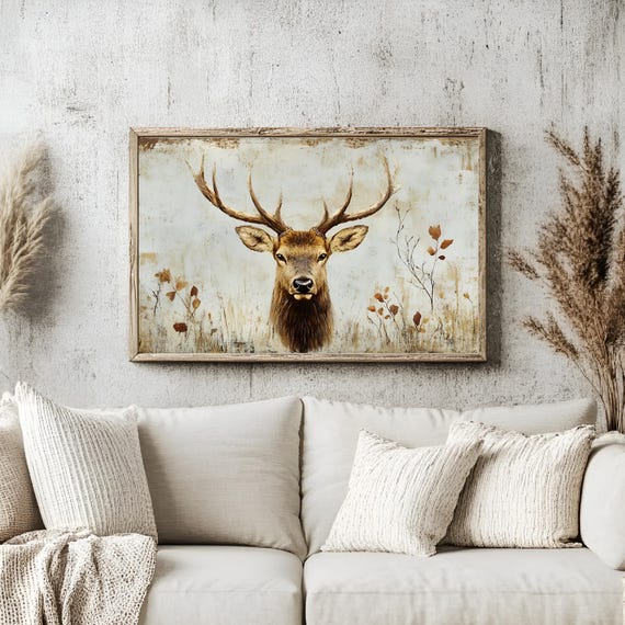 Deer Wall Art Print Rustic Farmhouse Decor Vintage Animal Portrait Horizontal Wildlife For Living Room