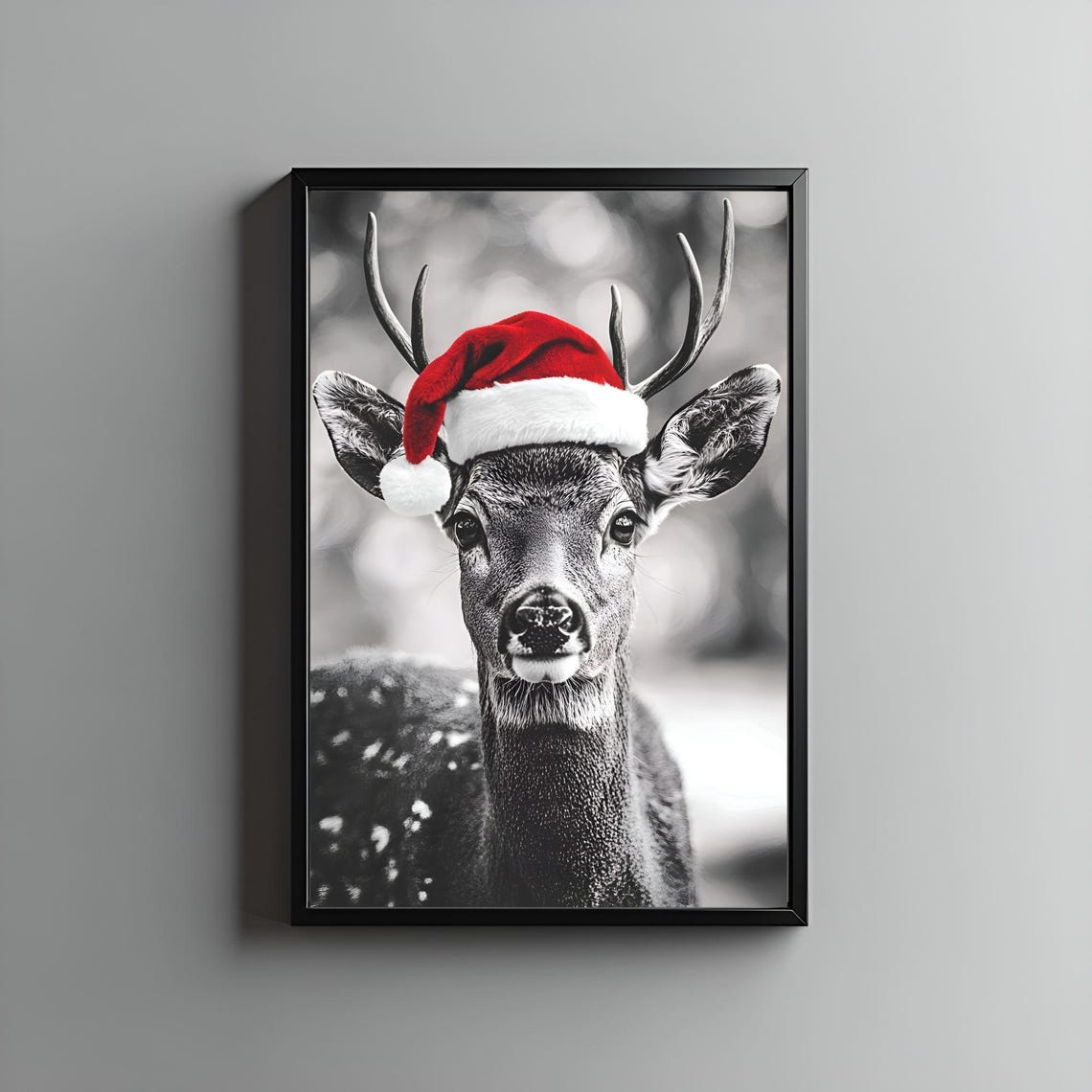 Black and White Deer Portrait Wearing a Bright Red Santa Hat Poster