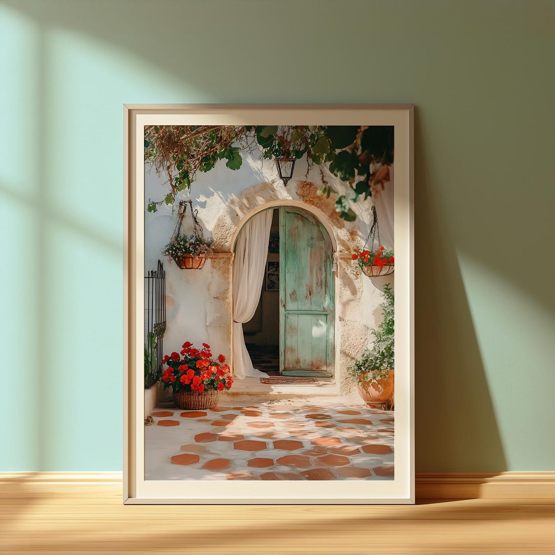 Rustic Mediterranean Stone Archway With Teal Door And Geraniums Poster