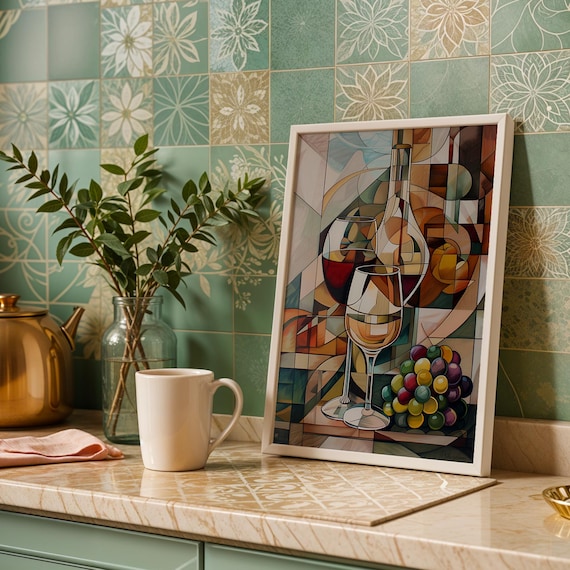 Cubist Wine Glasses and Grapes Mosaic Style Kitchen Wall Art