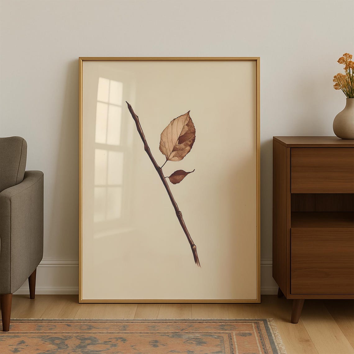 Minimalist Botanical Dried Leaf Twig On Cream Japandi Poster