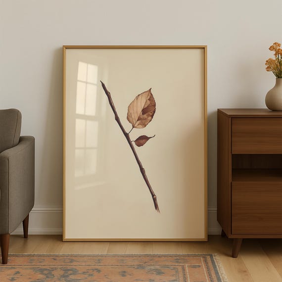 Minimalist Botanical Dried Leaf Twig On Cream Japandi Poster