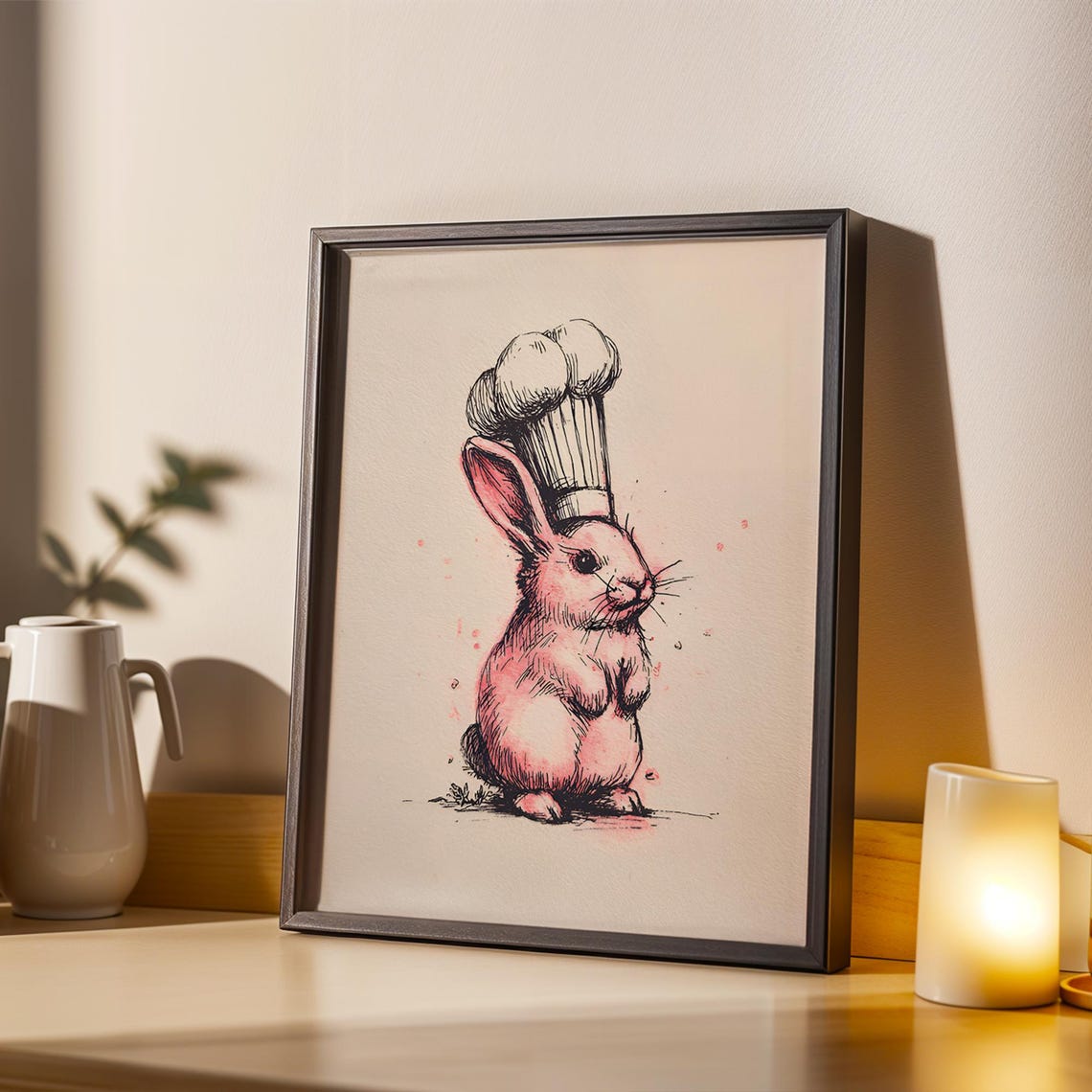 Standing Pink Rabbit in Tall Chef Hat Watercolor Kitchen Poster