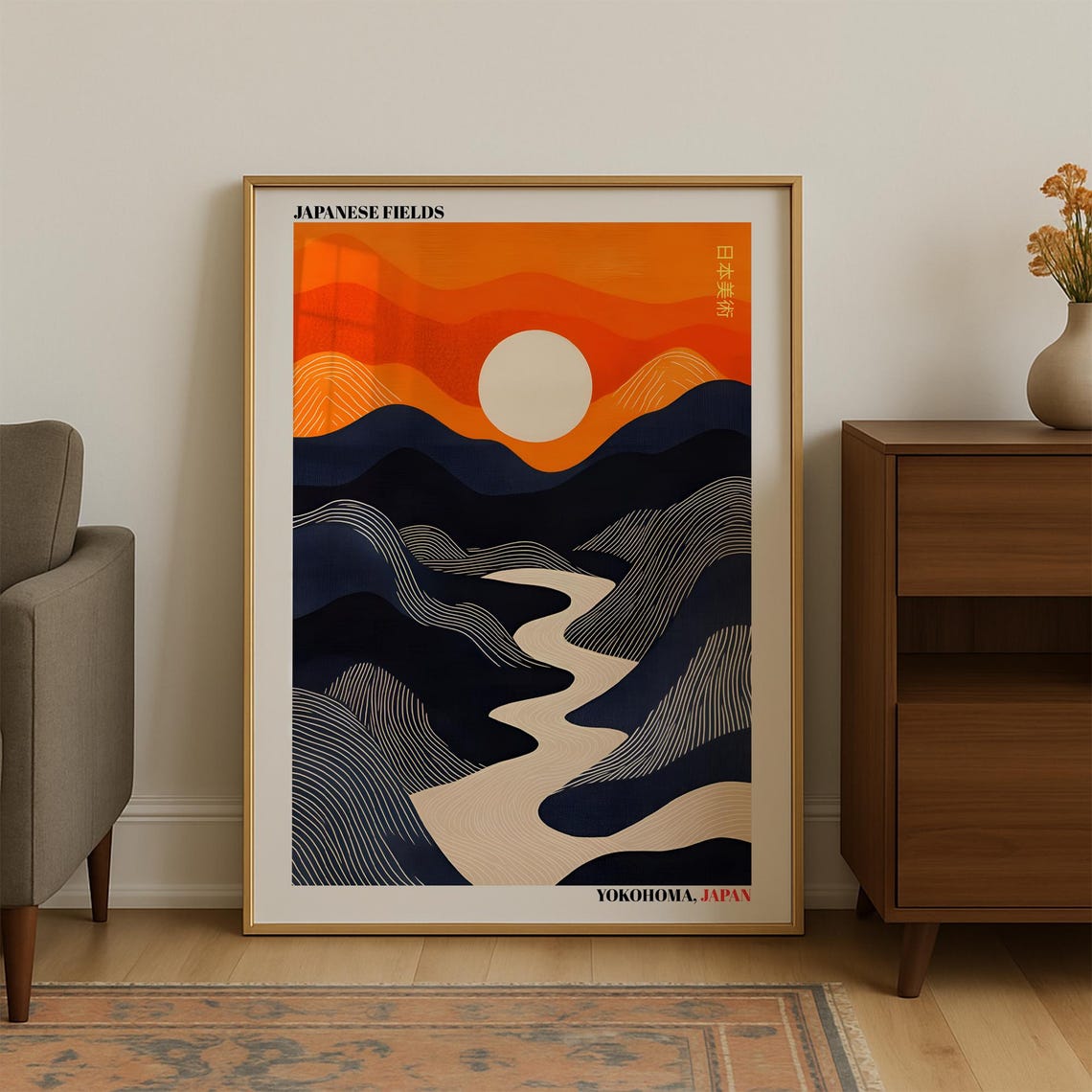 Japanese Fields Yokohama Sun Rising Over Winding River Poster