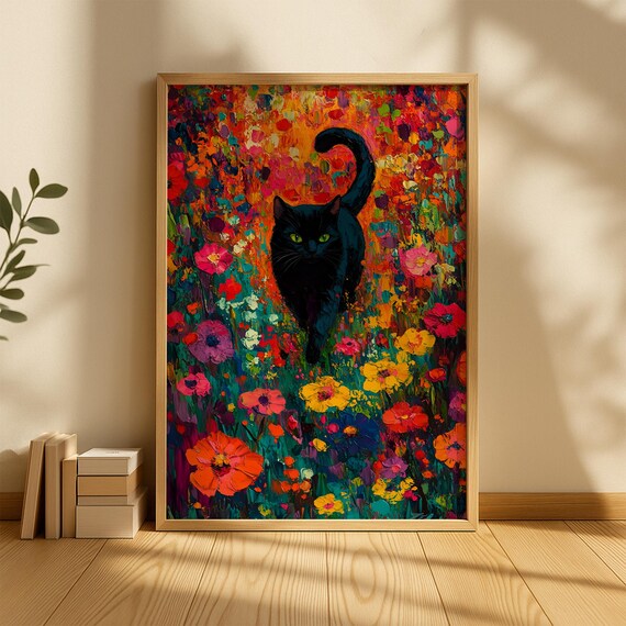 Black Cat Stalking Through a Vibrant Impasto Wildflower Field Art Poster
