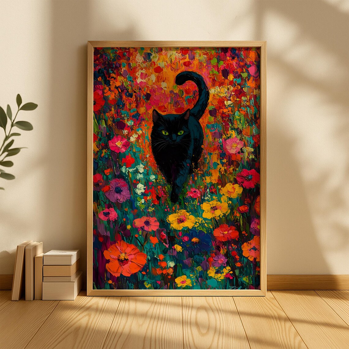Black Cat Stalking Through a Vibrant Impasto Wildflower Field Art Poster