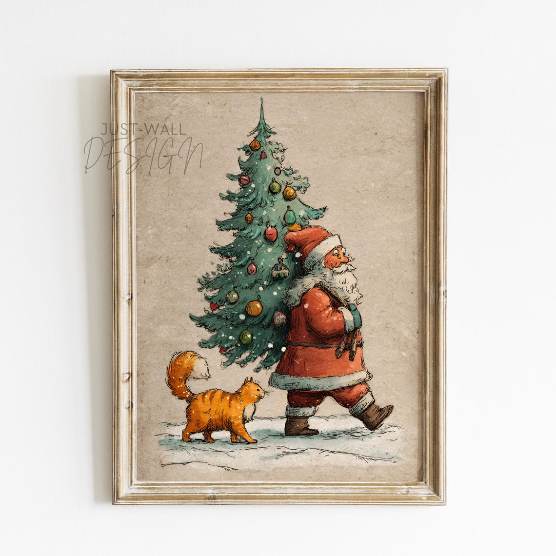 Santa Carrying Christmas Tree with Orange Cat Vintage Poster
