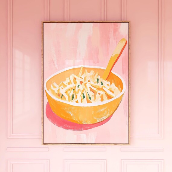 Pasta Bowl Painting Creamy Noodles Wooden Spoon Pink Pop Food Art Poster
