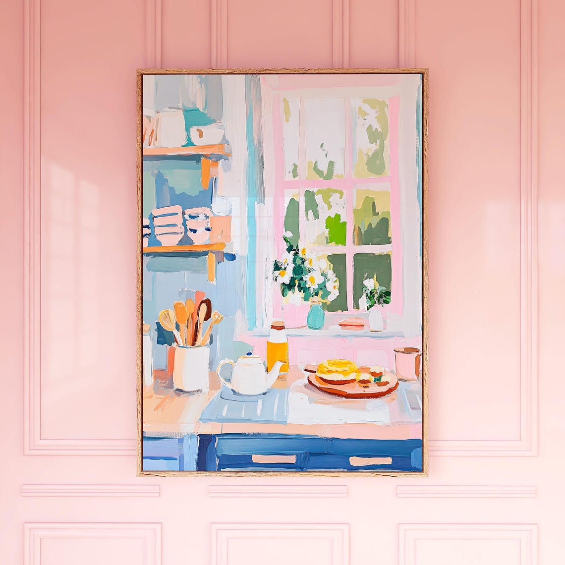 Airy Pink Kitchen Breakfast Scene with Tea Painterly Art Poster