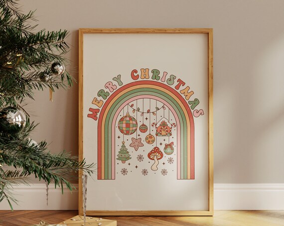 Groovy Merry Christmas Retro Rainbow Ornaments 70s Holiday Poster