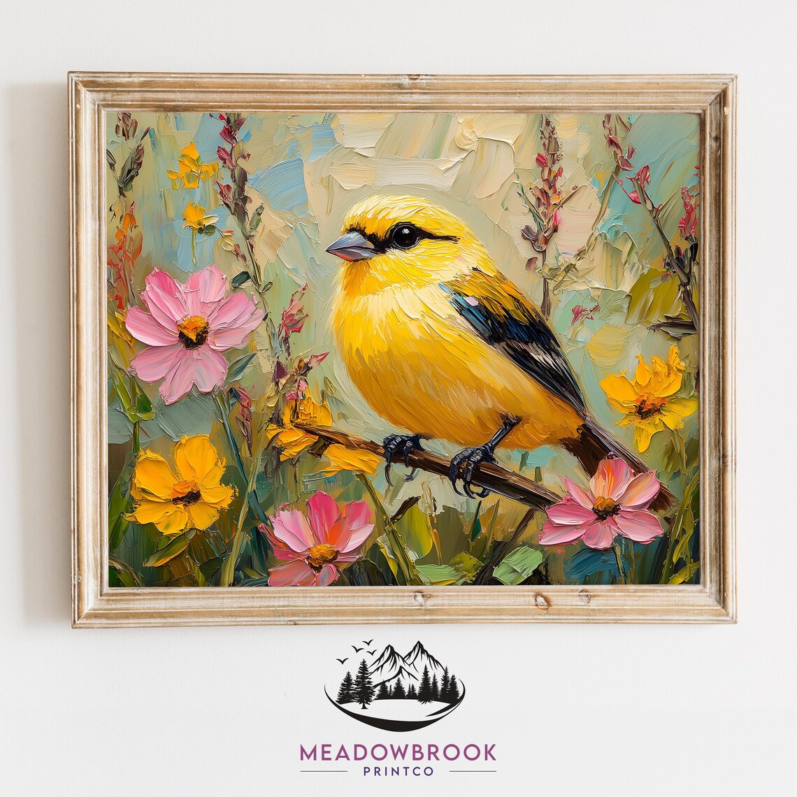 Goldfinch Bird Among Pink and Yellow Cosmos Flowers Impasto Poster