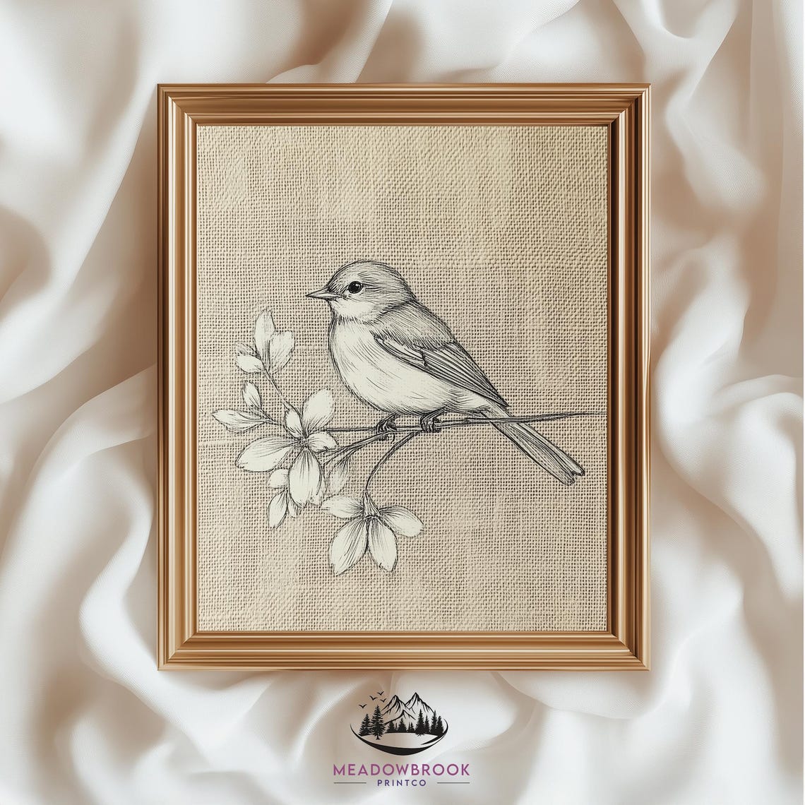 Small Songbird Pencil Sketch On Branch Rustic Bird Art Print Poster