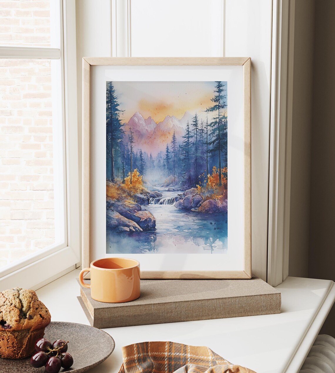 Mountain Stream Flowing Through Pine Forest Sunrise Watercolor Poster - Image 3