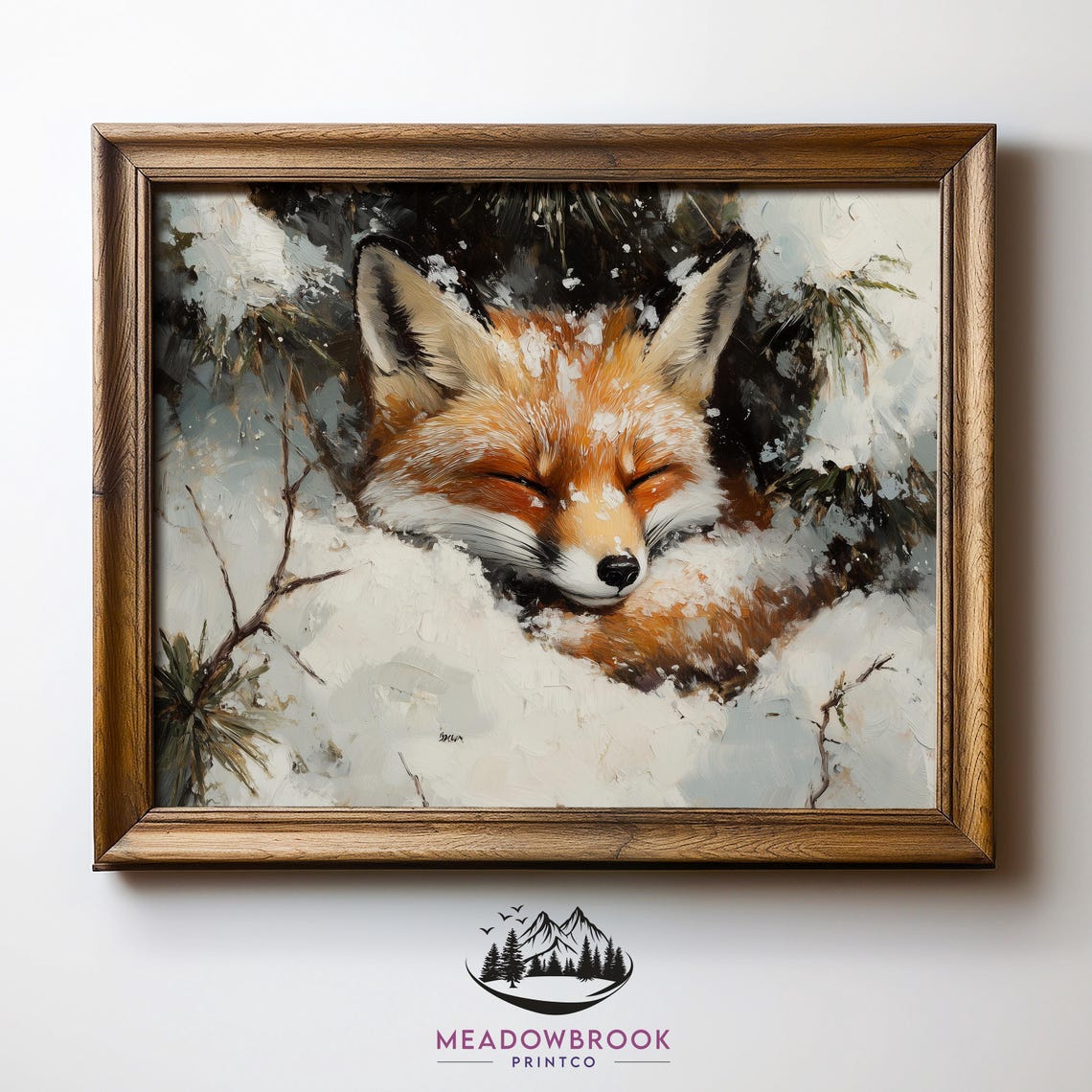Sleeping Red Fox In Snowy Winter Forest Wildlife Painting Print