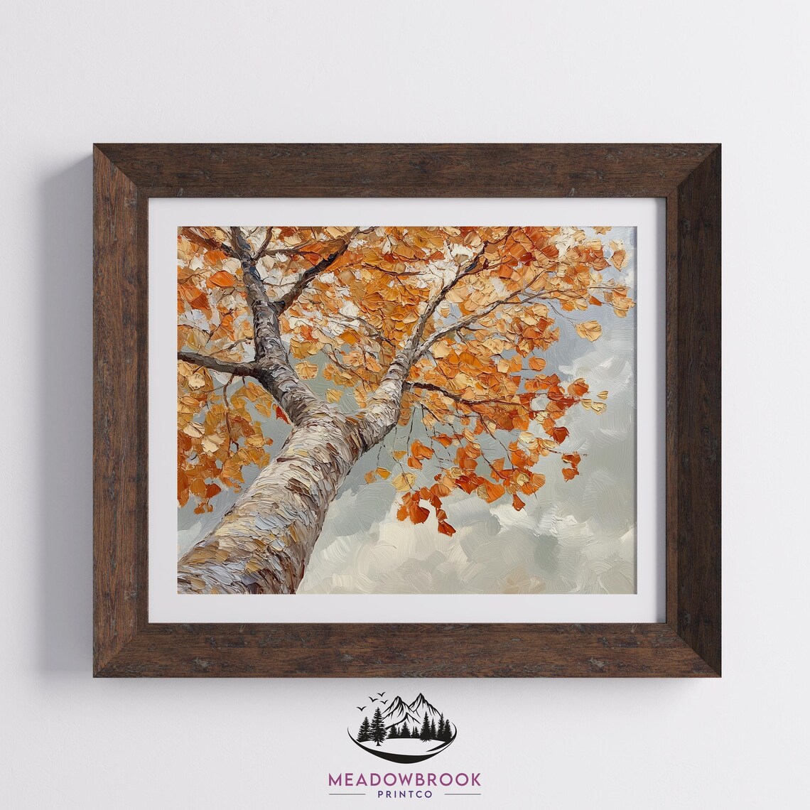 Upward View Of Birch Trunk With Fiery Orange Leaves Fall Nature Print - Image 2