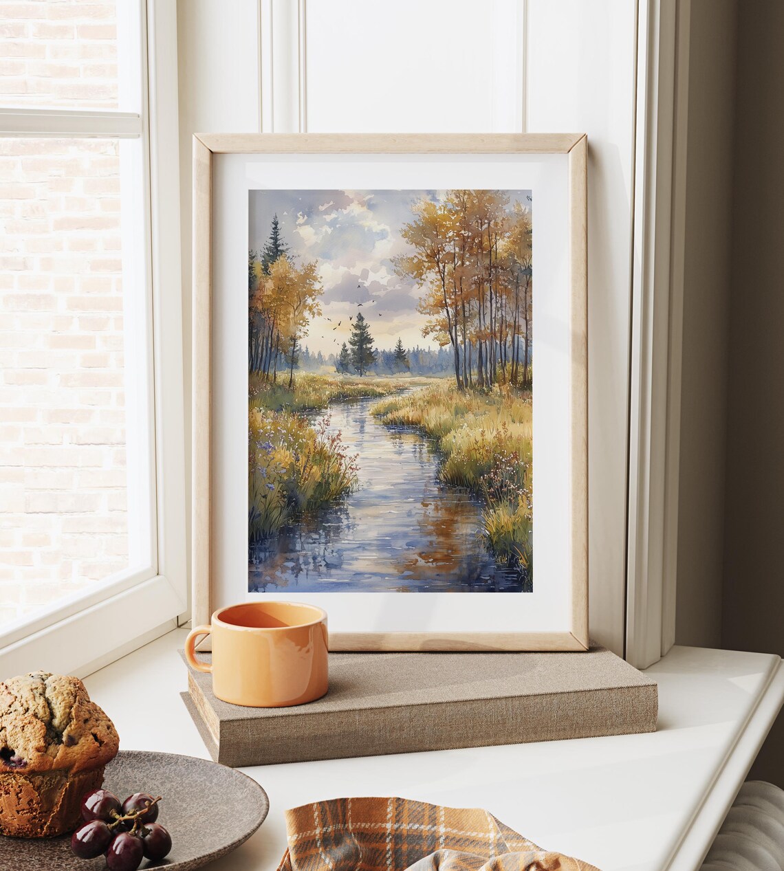 Peaceful Autumn River Through Golden Meadow Trees Watercolor Poster - Image 3