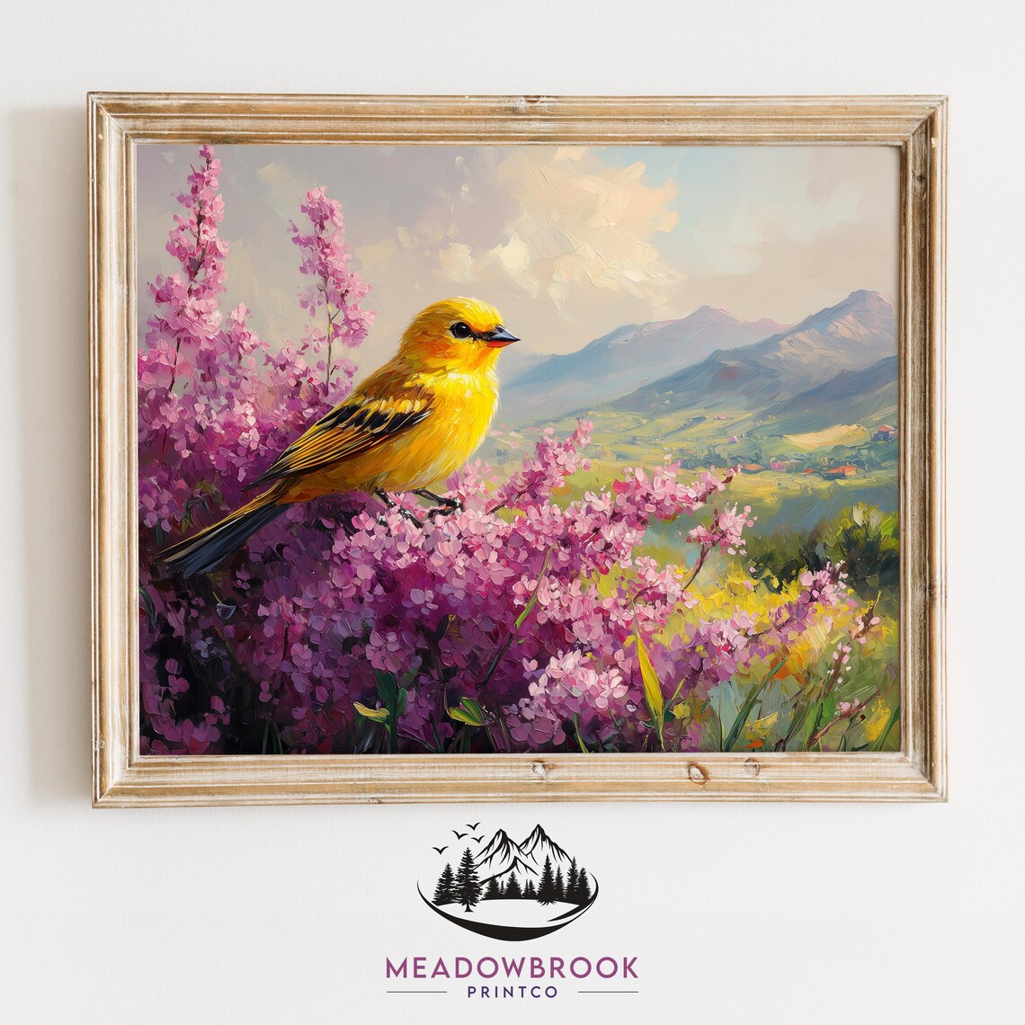 Golden Yellow Goldfinch Bird Among Purple Blossoms Valley Bird Print