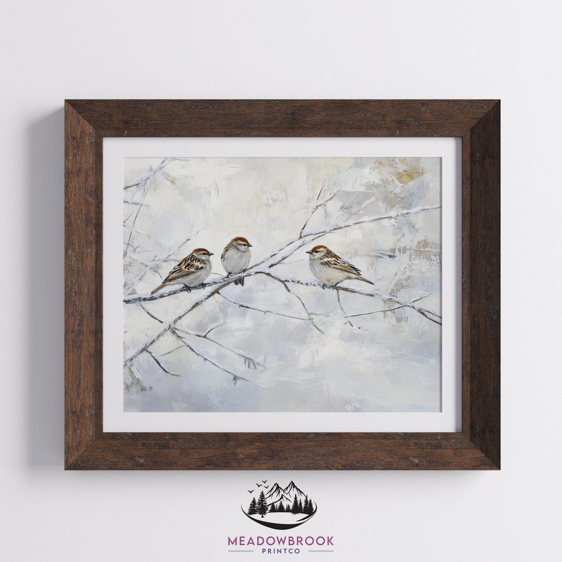 Three Sparrows On Icy Winter Branches Vintage Bird Painting Print - Image 2