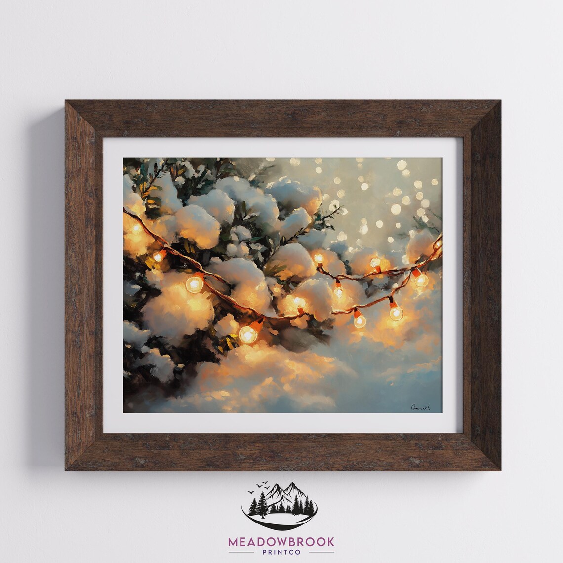 Twinkling Lights On Snowy Branches Rustic Winter Wall Art Moody Christmas Decor Cozy Holiday Painting Warm Lights Print 471 - Image 2