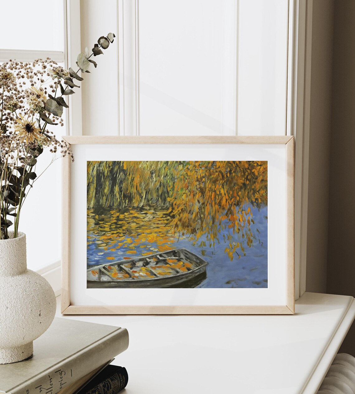 Rowboat Under Golden Autumn Branches Impressionist Blue Lake Art Print - Image 3
