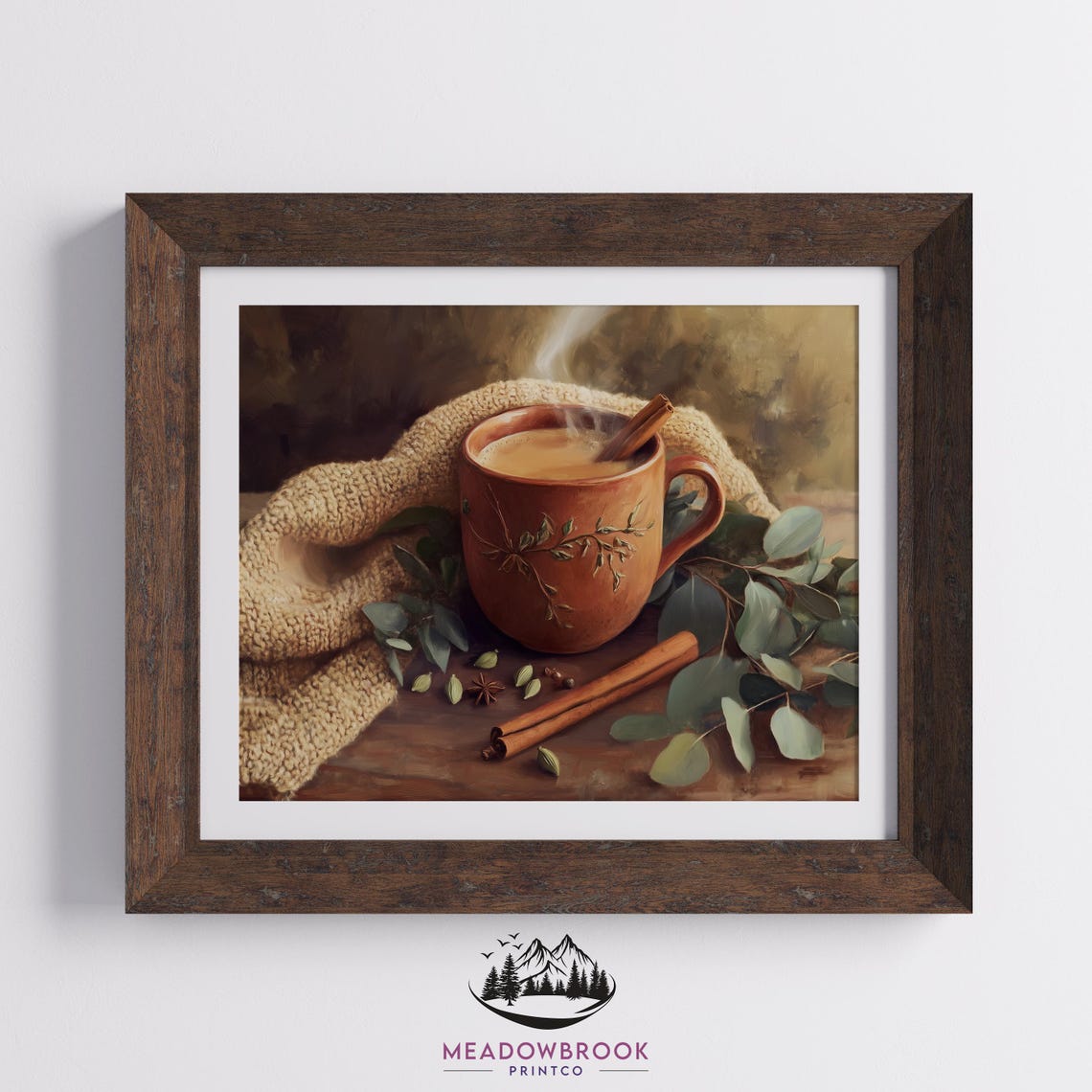 Nostalgic Hot Cocoa Mug With Spices And Knit Blanket Painting Print - Image 2