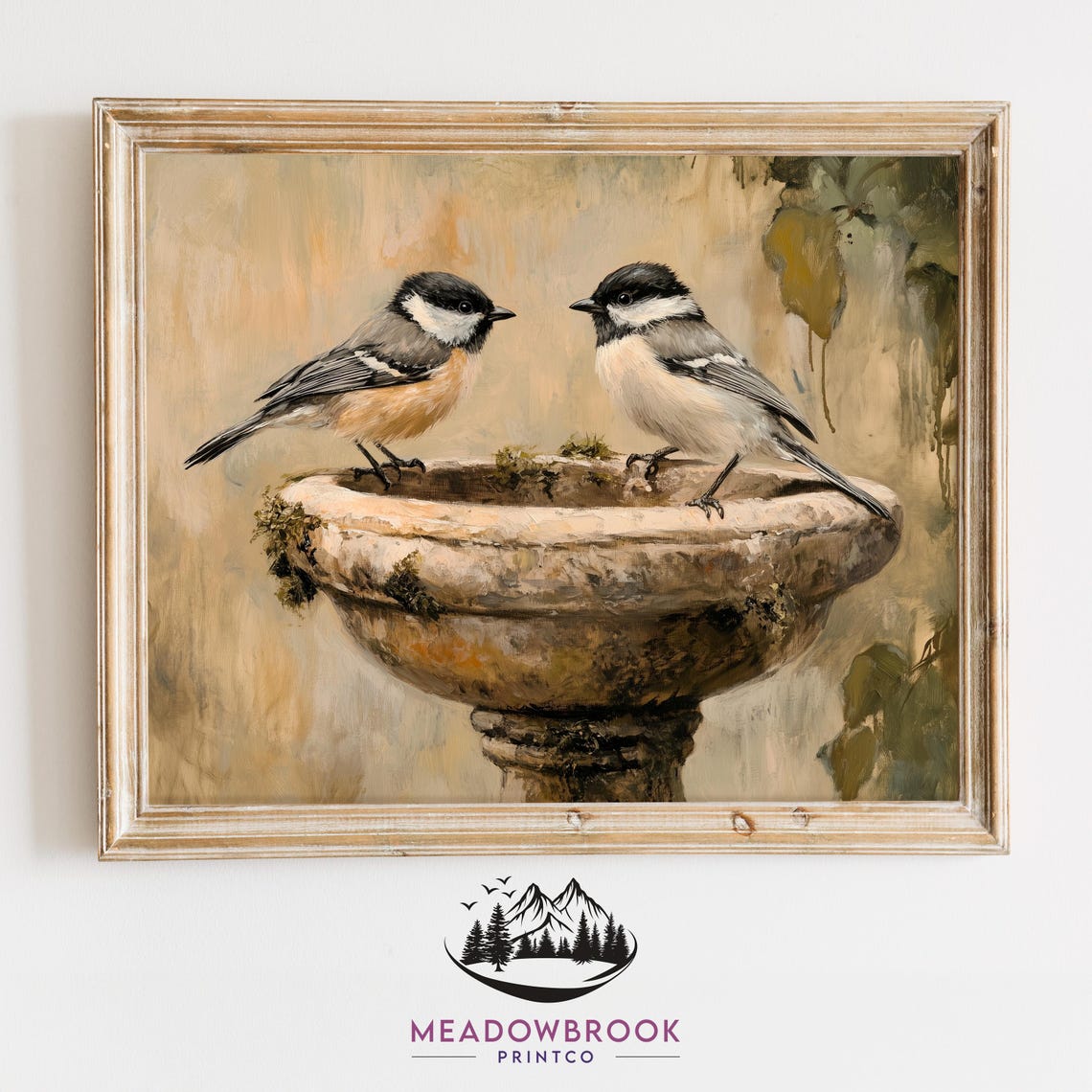 Two Chickadees On A Stone Birdbath Vintage Garden Bird Art Poster