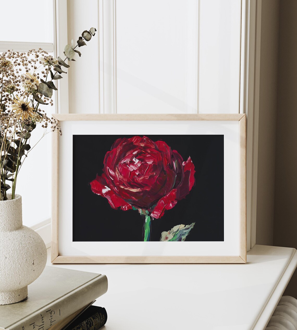 Bold Red Rose On Black Background Impasto Floral Painting Print - Image 3