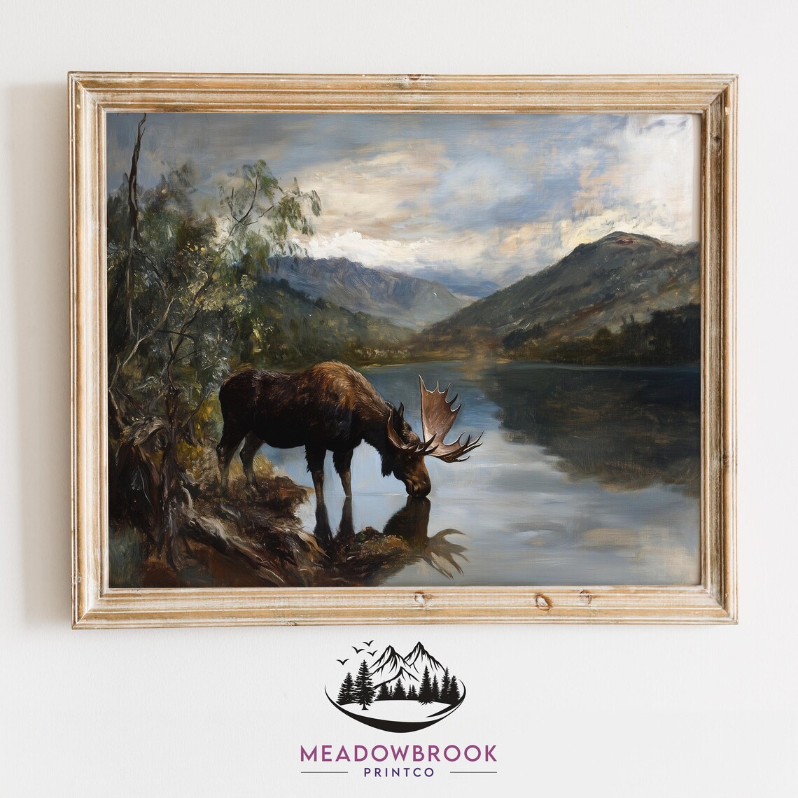 Moose Drinking From Mountain Lake, Rustic Wildlife Art Print