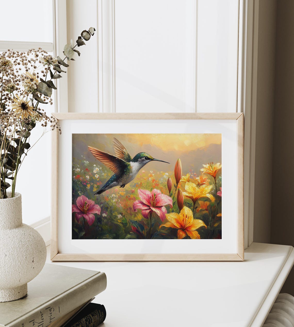 Hummingbird Hovering Over Blooming Lilies Golden Summer Garden Poster - Image 3