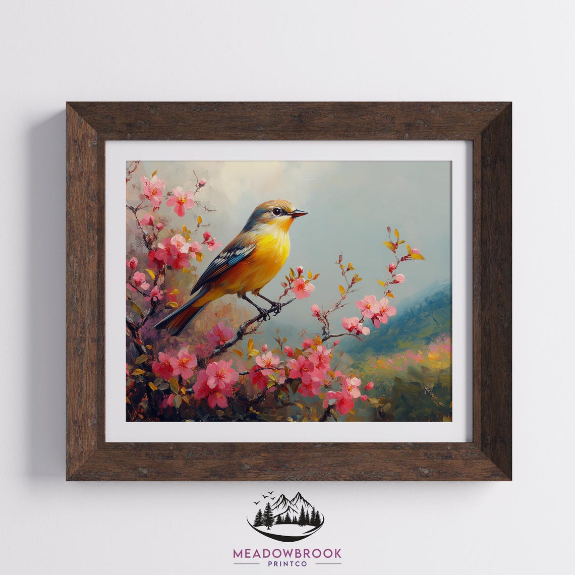 Finch Bird on Pink Blossom Branch Over Soft Spring Valley View Poster - Image 2