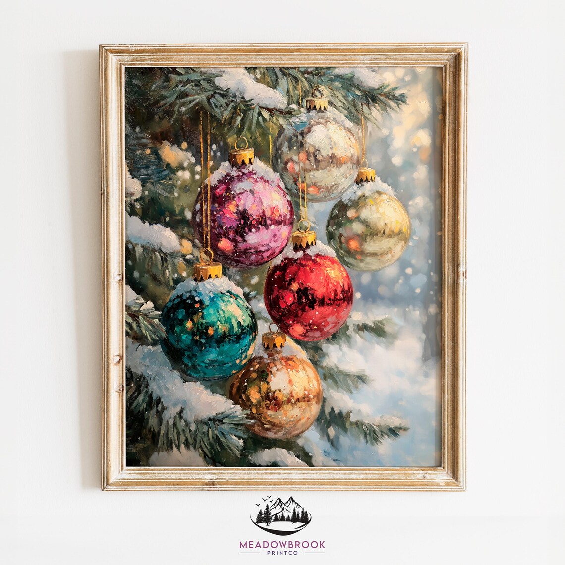 Christmas Ornaments On Snowy Tree Branch, Vintage
