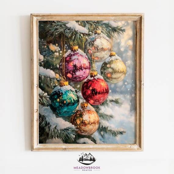 Christmas Ornaments On Snowy Tree Branch, Vintage