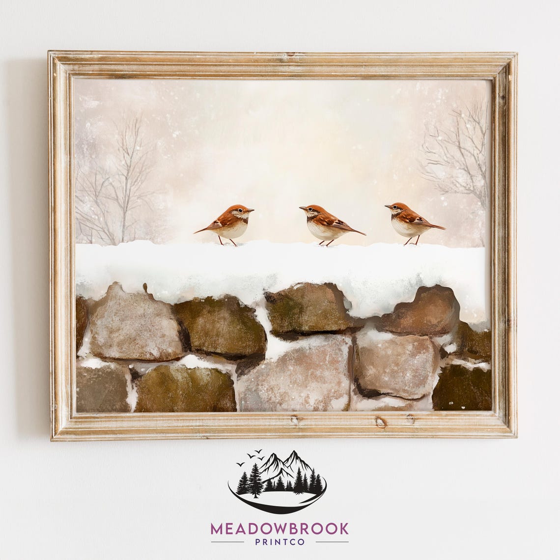 Three Sparrows On A Snowy Stone Wall Minimalist Winter Bird Art Poster