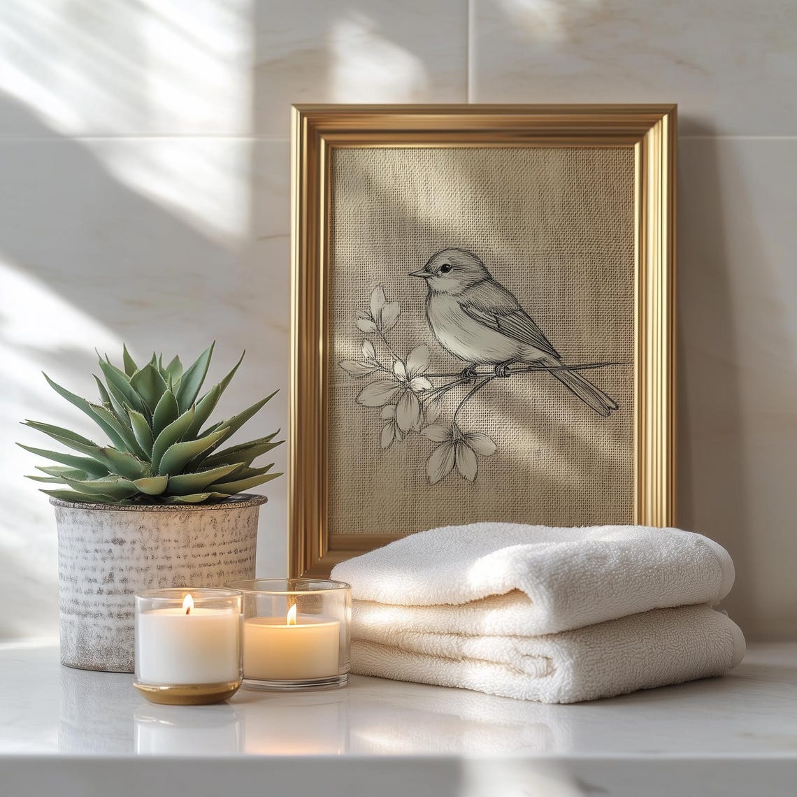 Small Songbird Pencil Sketch On Branch Rustic Bird Art Print Poster - Image 3