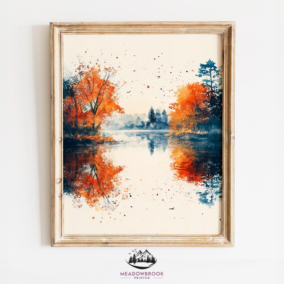 Autumn River With Golden Leaves Moody Watercolor Wall Art Rustic Nature Decor Cottagecore Fall Landscape 927