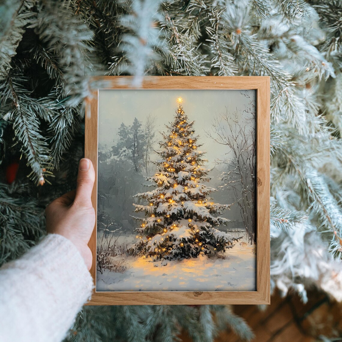 Snow Covered Christmas Tree With Warm Lights Winter Holiday Wall Art