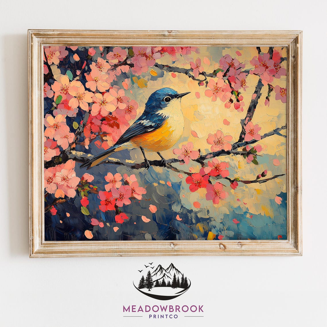 Blue Yellow Songbird In Cherry Blossom Canopy Impasto Spring Poster
