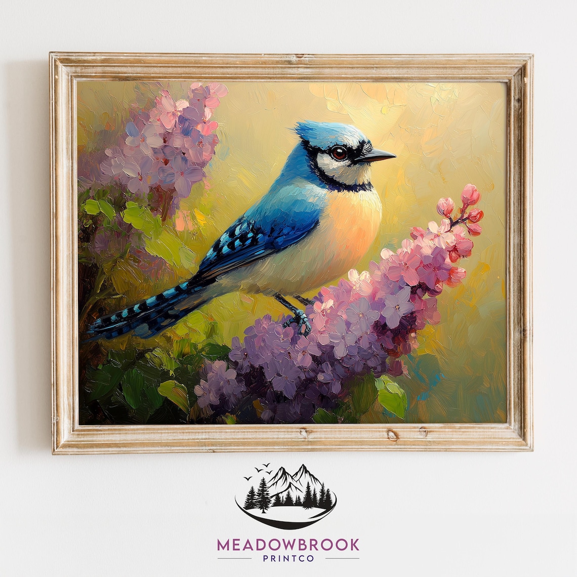 Bluejay Bird Perched On Blooming Lilac Branch
