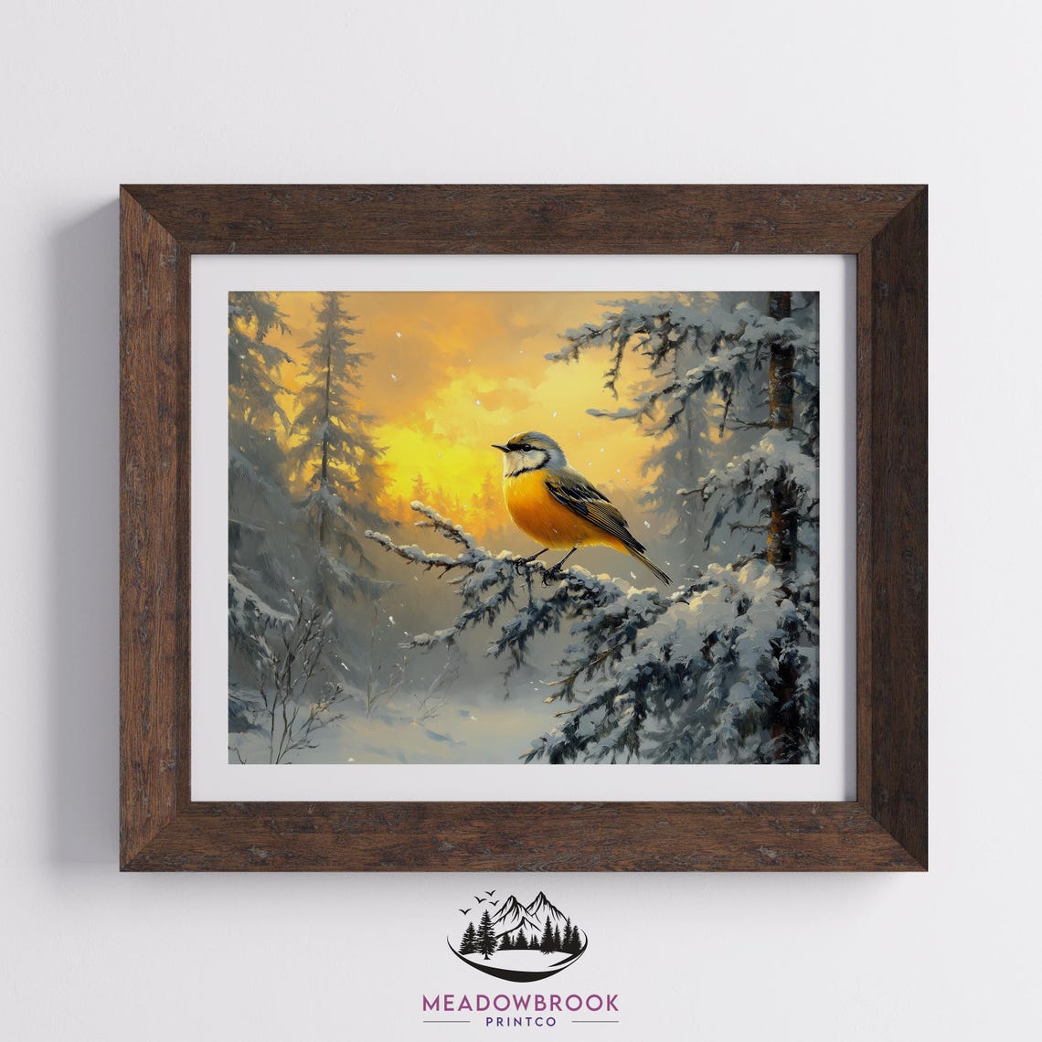Goldcrest Bird on Snowy Evergreen Branch Golden Sunset Winter Poster - Image 2