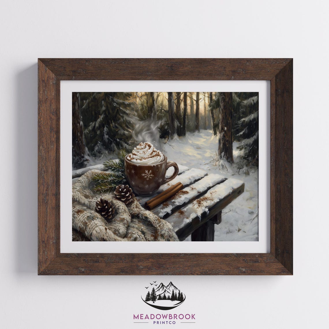 Hot Cocoa With Whipped Cream On Snowy Forest Bench Painting Print - Image 2