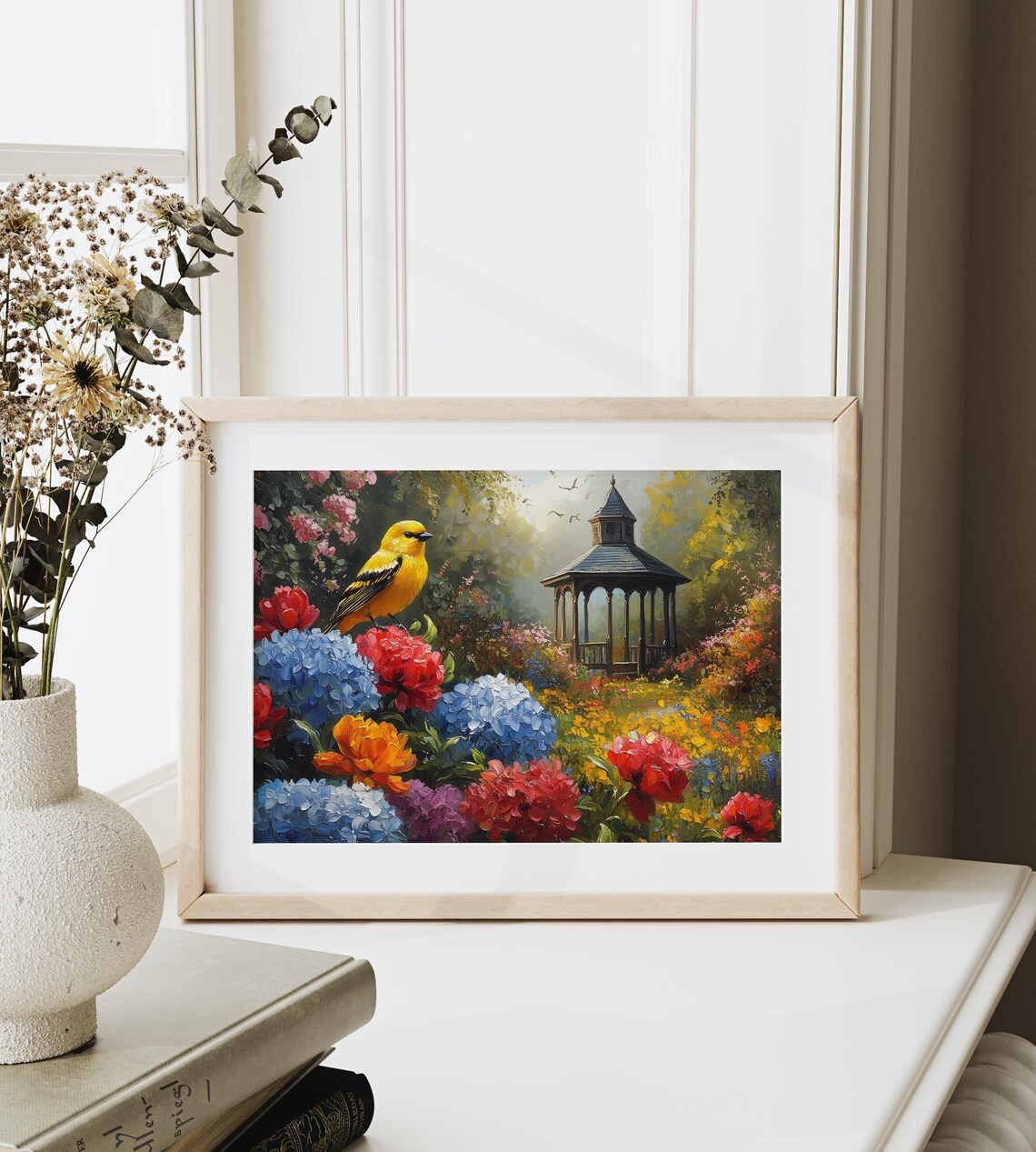 Golden Oriole Like Bird In Lush Hydrangea Garden With Gazebo Poster - Image 3