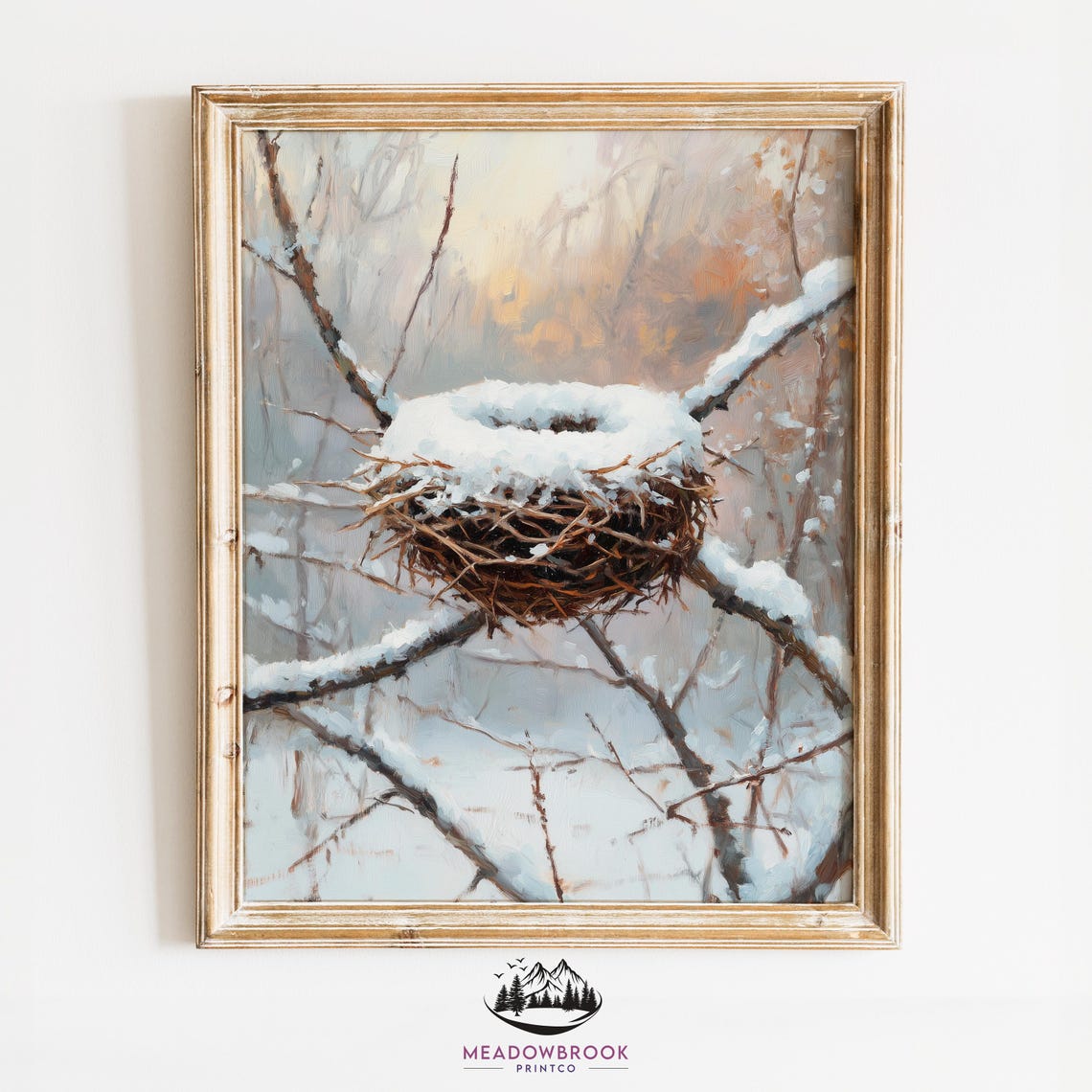 Snowy Bird Nest On Bare Branches Winter Woodland Nature Art Poster