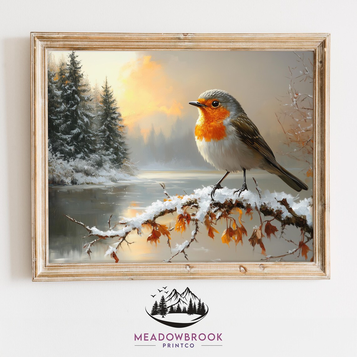 European Robin On Snowy Winter Branch By Frozen Lake Sunrise Poster