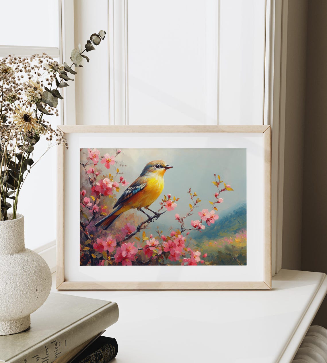 Finch Bird on Pink Blossom Branch Over Soft Spring Valley View Poster - Image 3