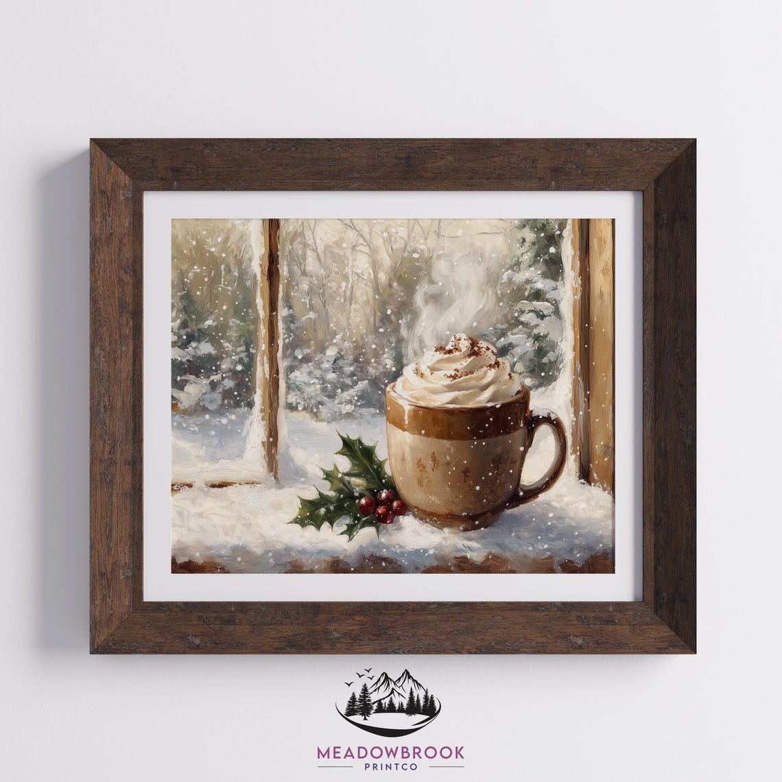 Steaming Cocoa Mug On Snowy Windowsill With Holly Art Poster - Image 2