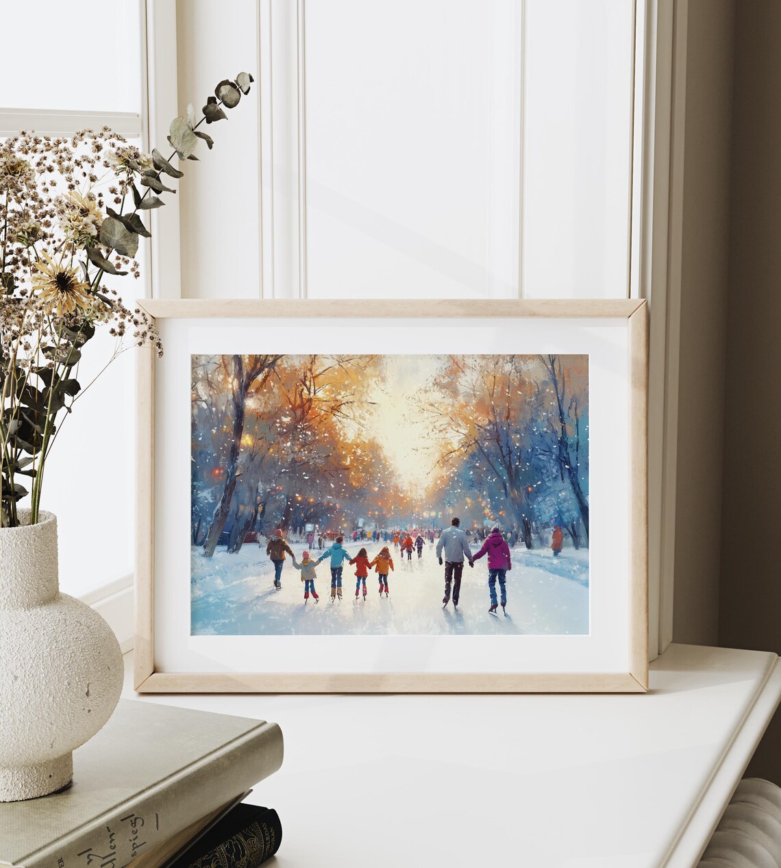 Families Ice Skating On Frozen Pond Sunset Winter Art Poster - Image 3