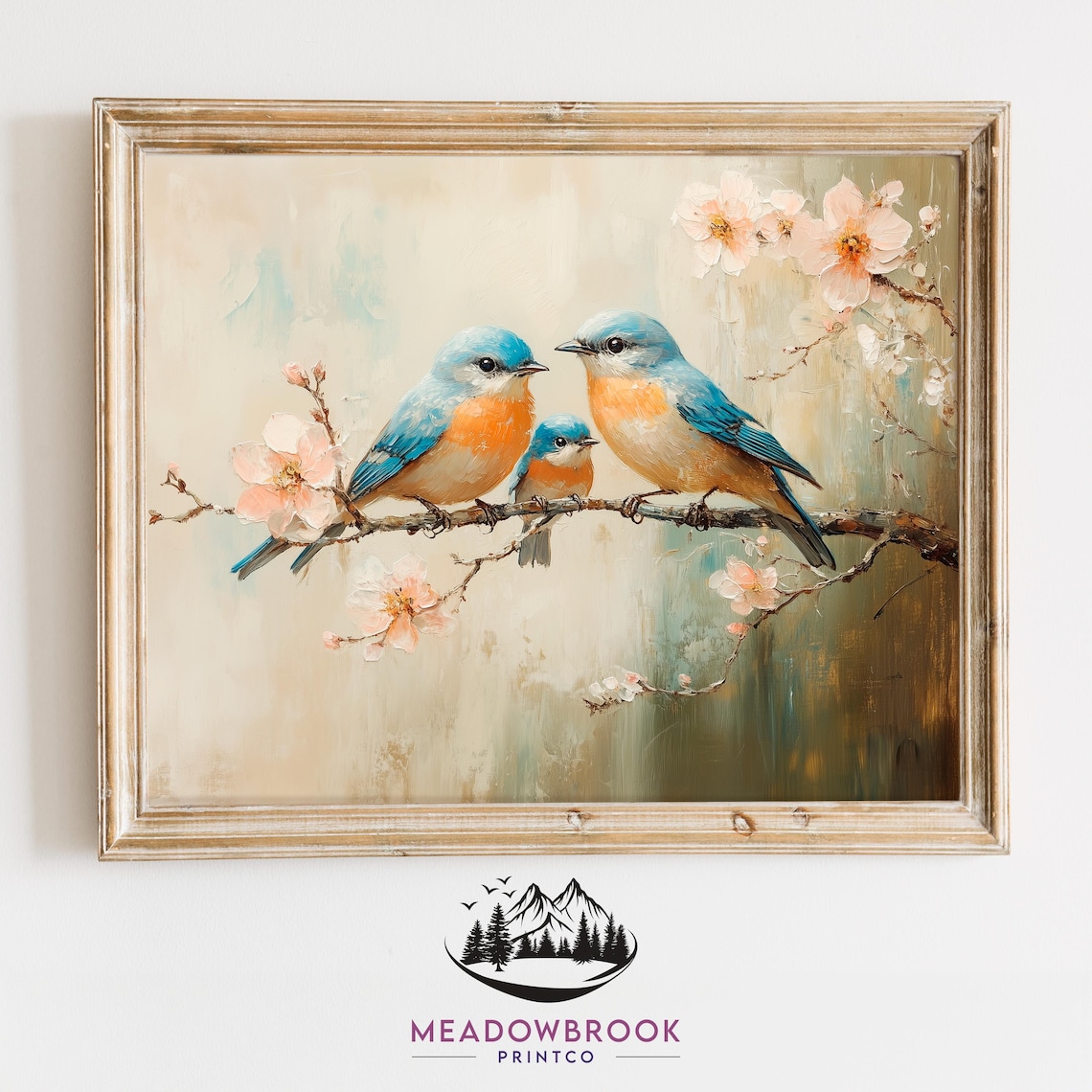Bluebird Family On Blossoming Branch Spring Morning Bird Art Poster