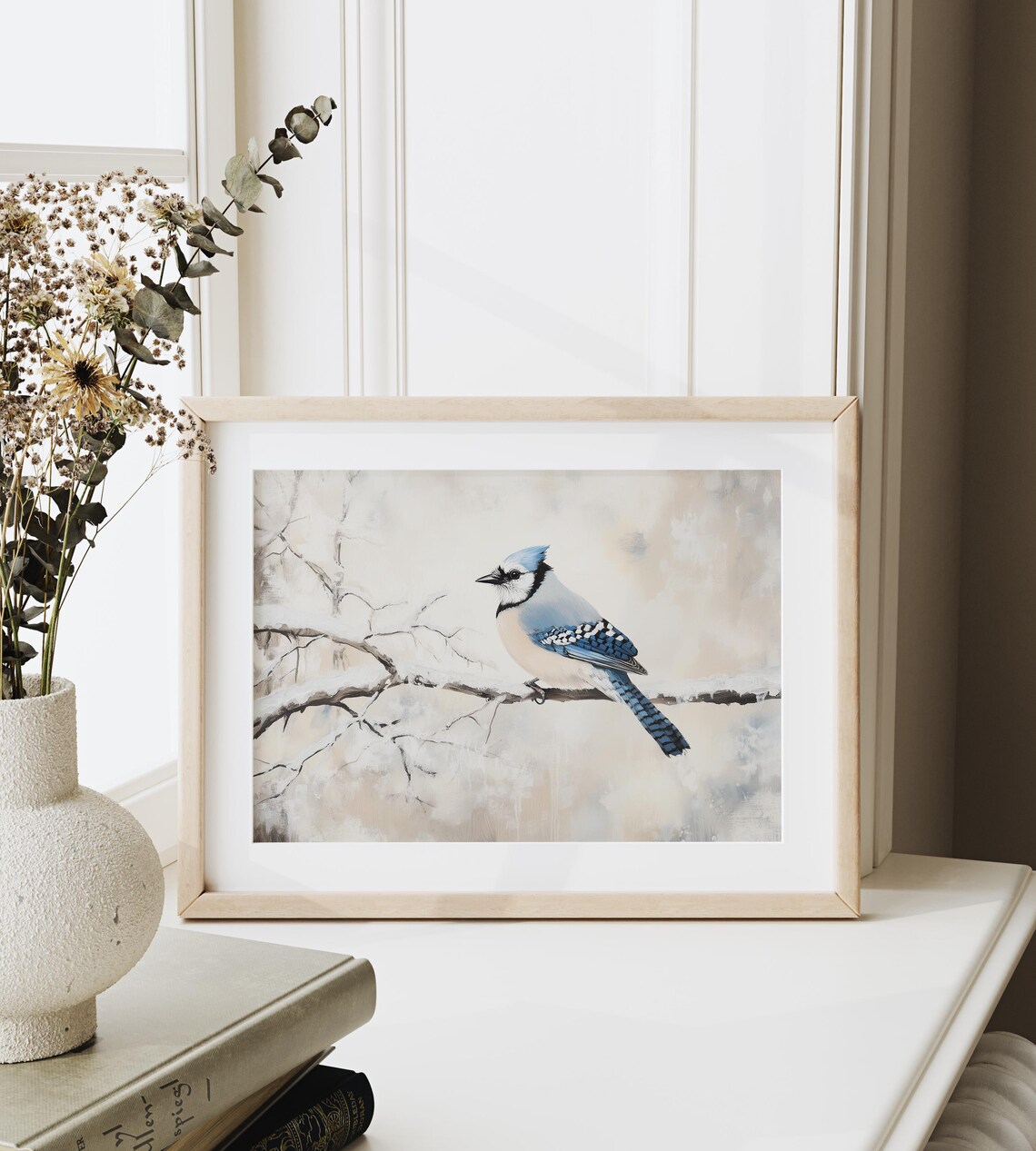 Blue Jay On Frosty Pine Branches, Rustic Vintage Art Print - Image 3