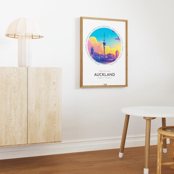 Auckland New Zealand Sky Tower Waterfront Sunset Travel Poster