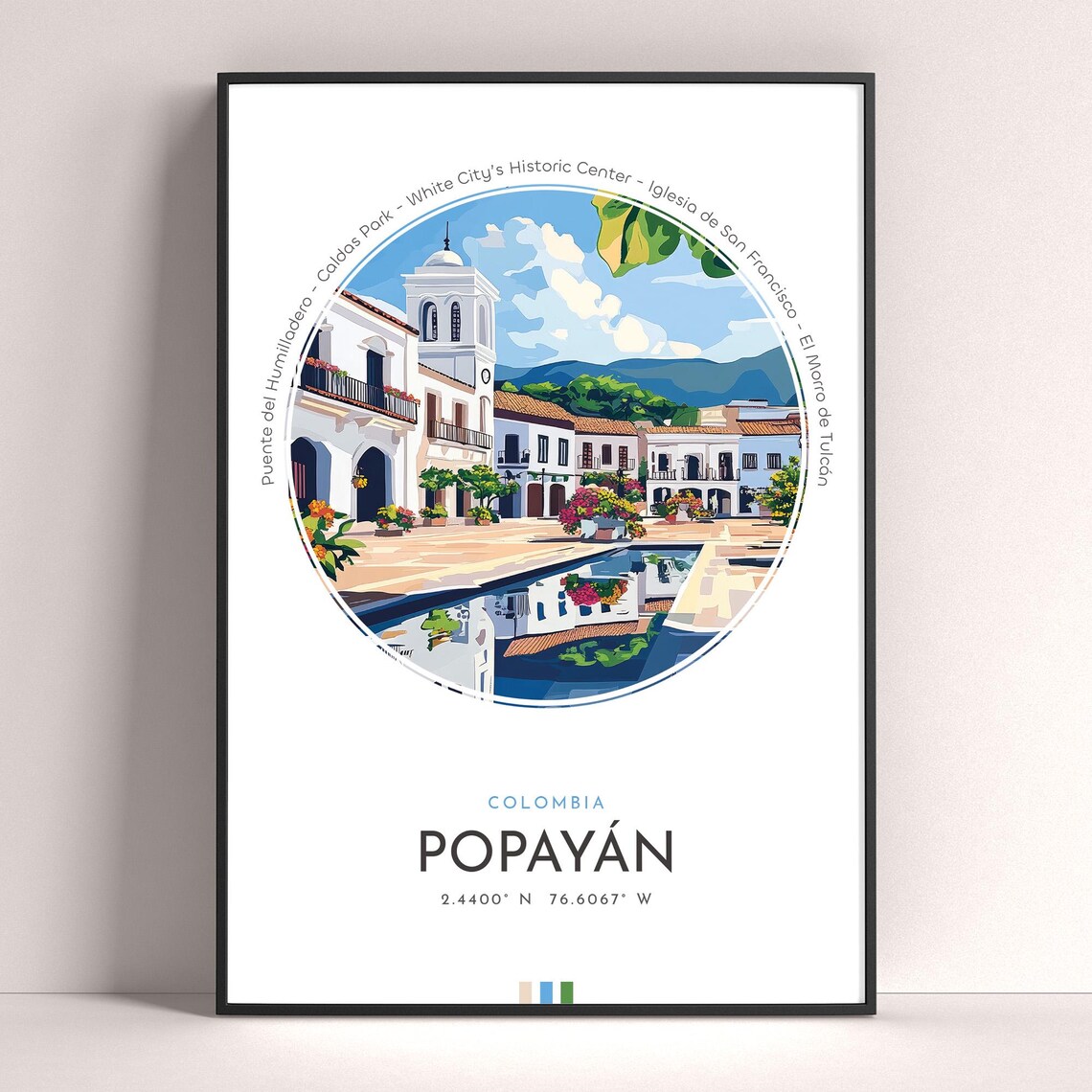 Popayan City Travel Poster, Colombia Landscape Art